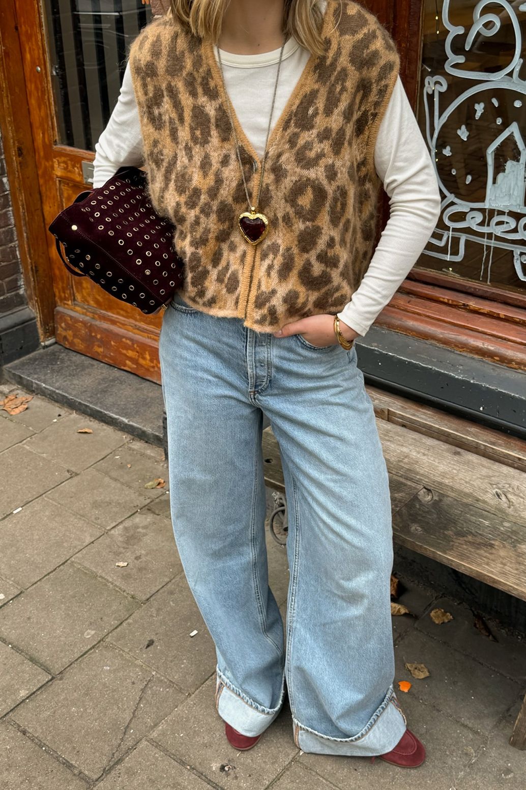 Gilet sans manches jacquard avec imprimé léopard - marron