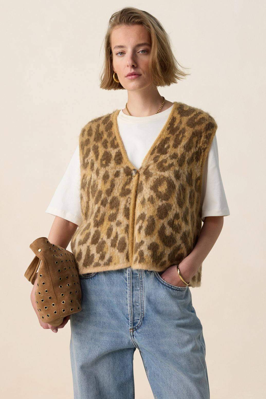 Bruin jacquard vest met leopard print