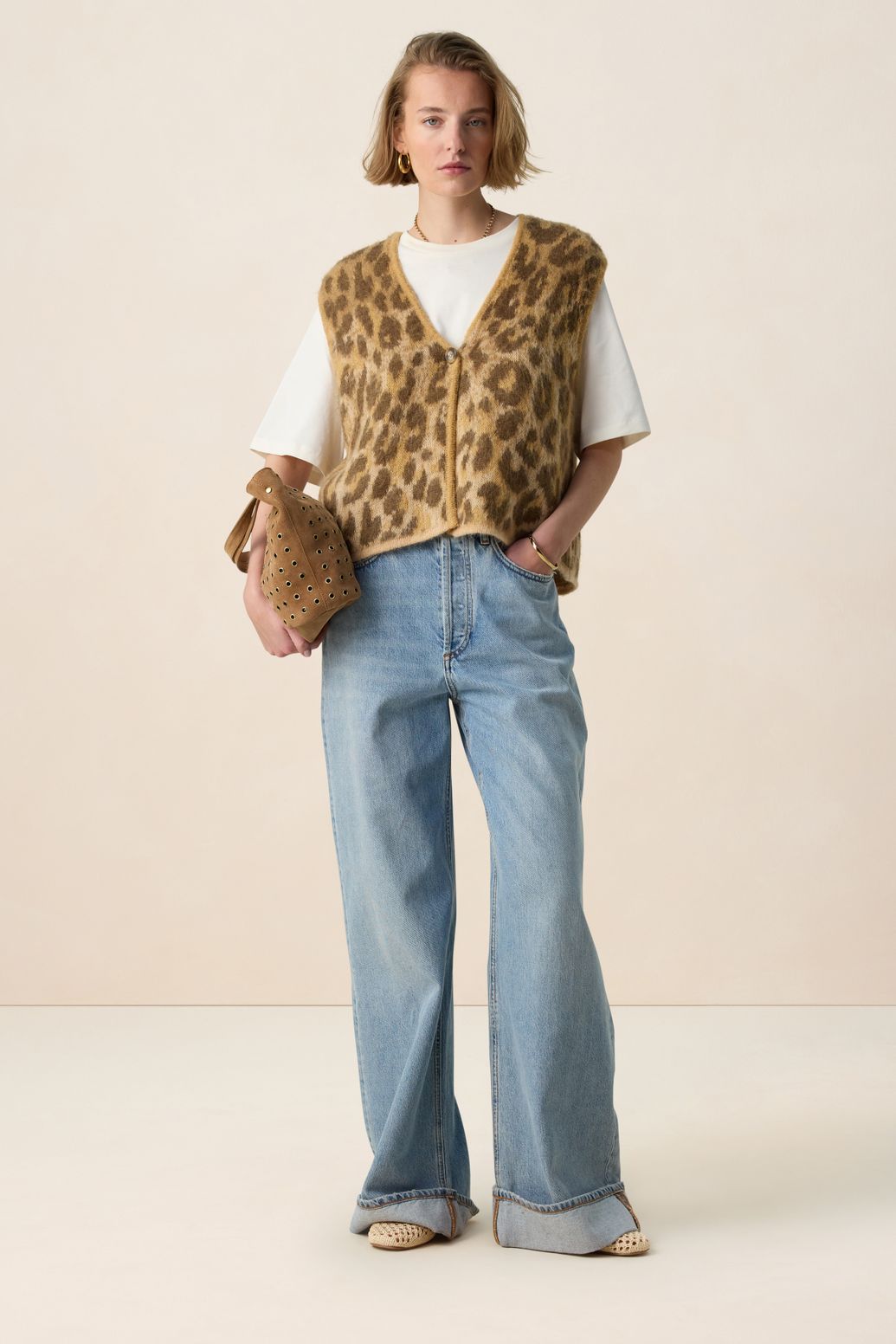 Jacquard-Weste mit Leoprint - braun