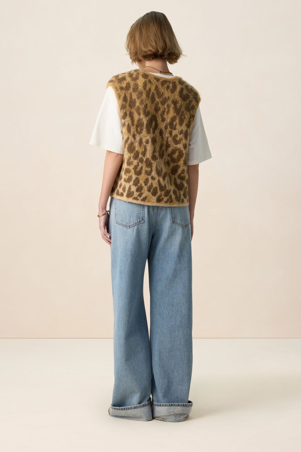 Gilet sans manches jacquard avec imprimé léopard - marron