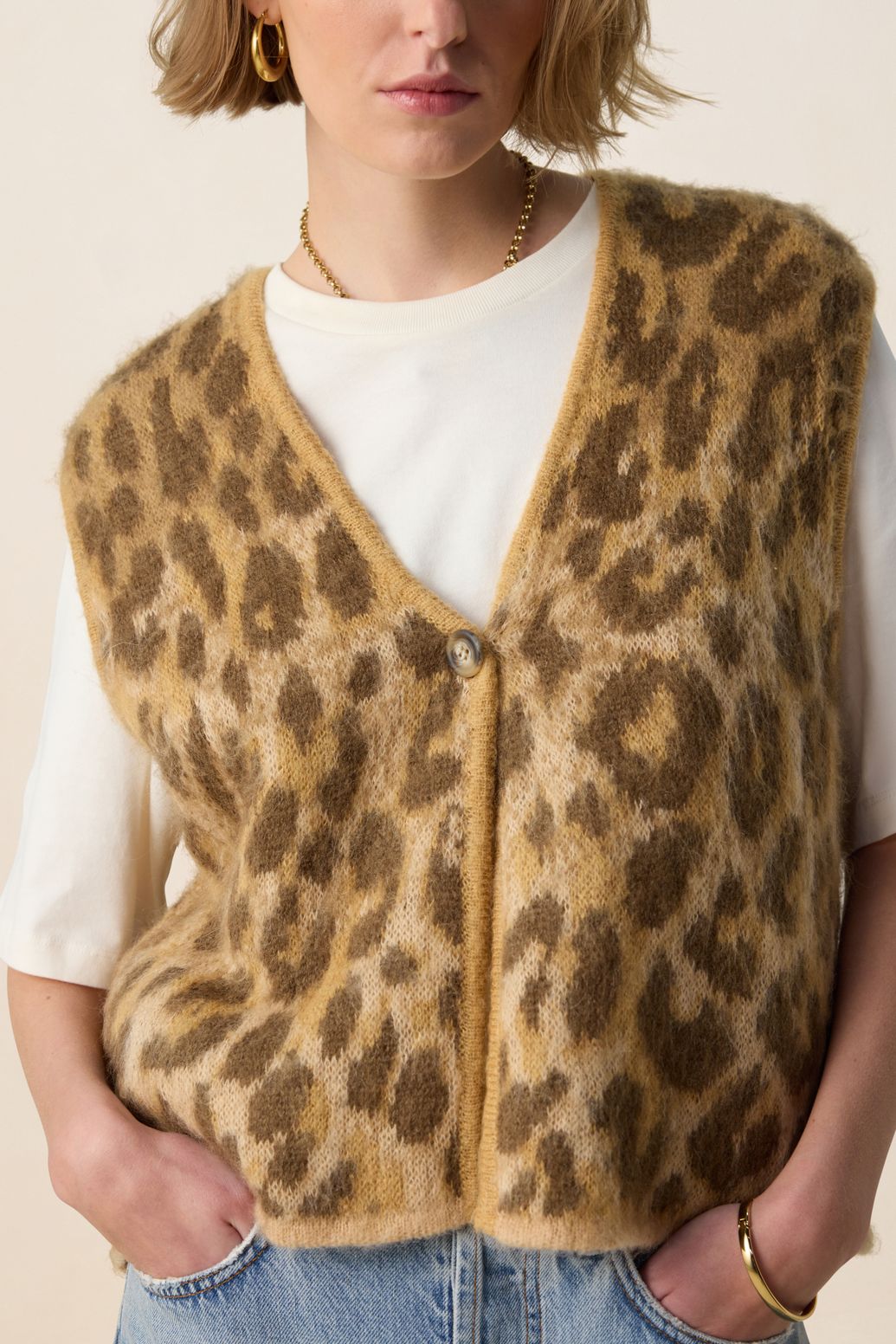 Gilet sans manches jacquard avec imprimé léopard - marron