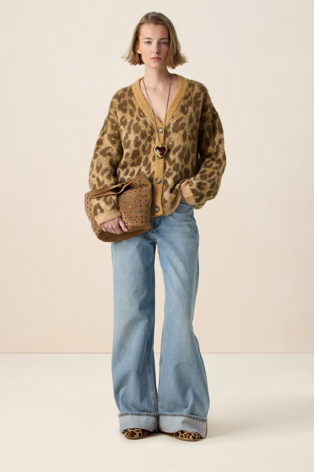 Bruin jacquard vest met leopard print