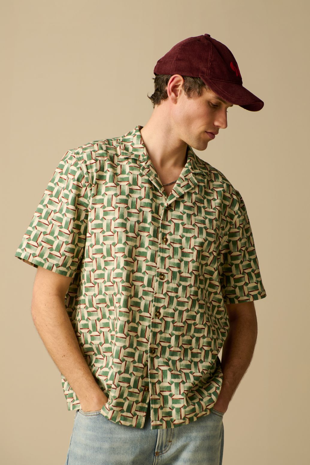 Gemustertes Kurzarmhemd - dunkelgrün
