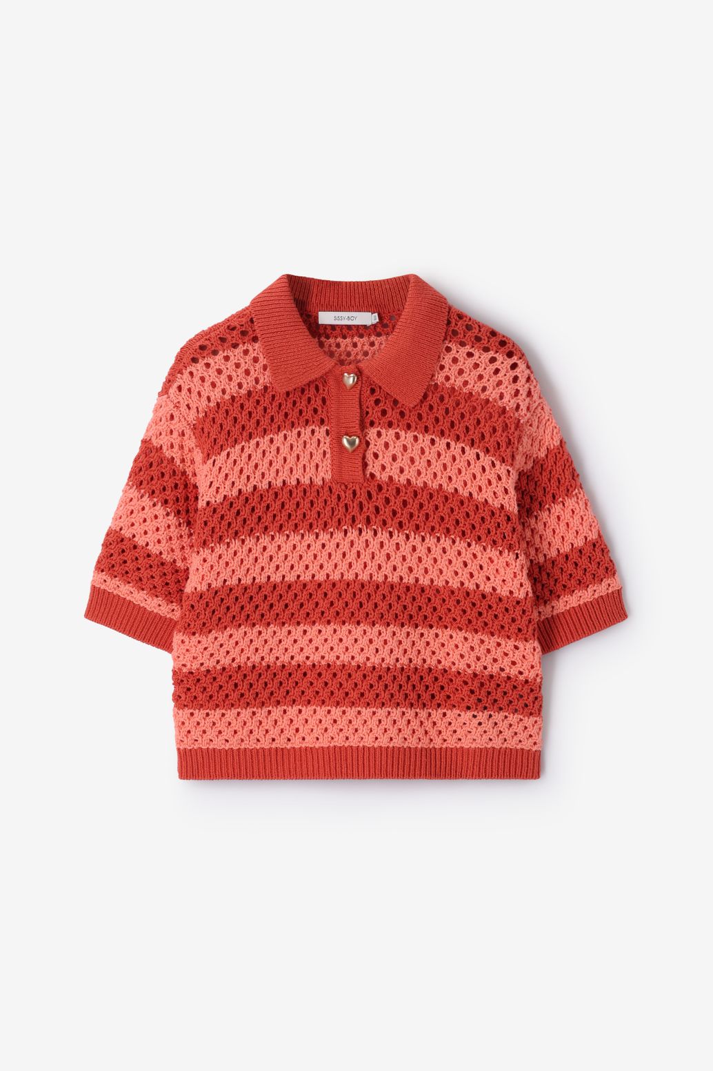 Roze opengewerkte polo met strepen