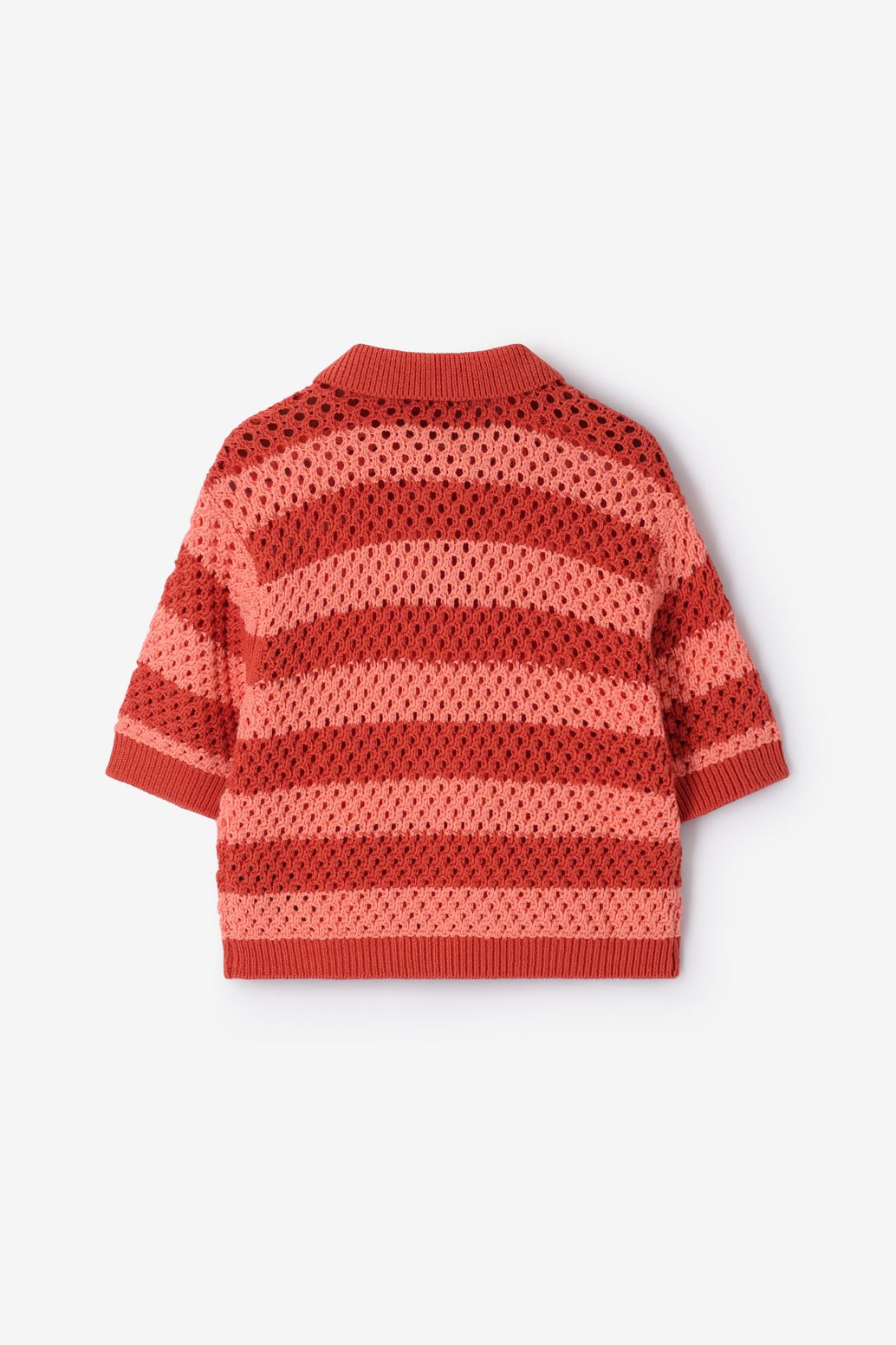 Roze opengewerkte polo met strepen