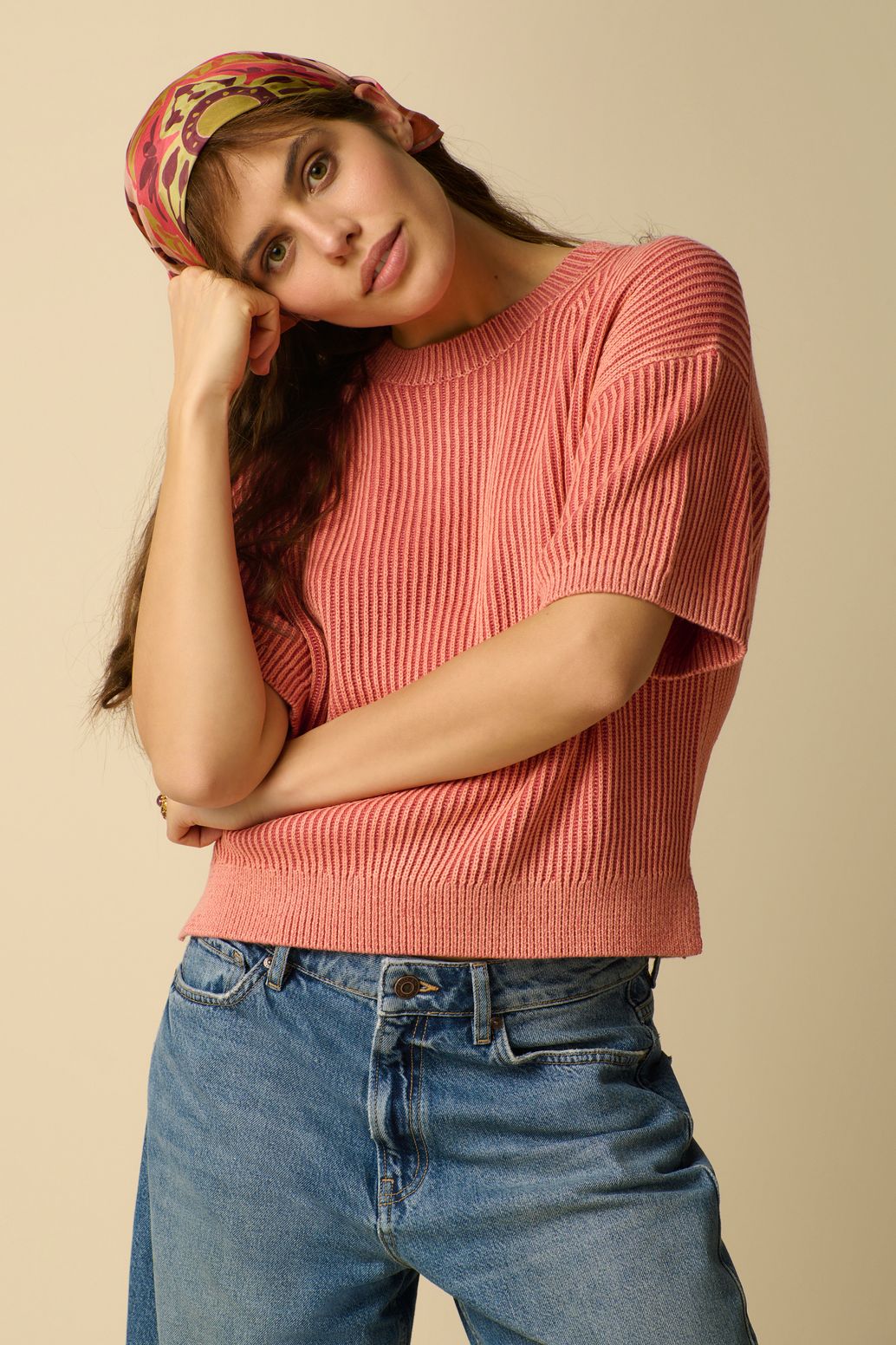 Strickpullover mit kurzem Arm - rosa
