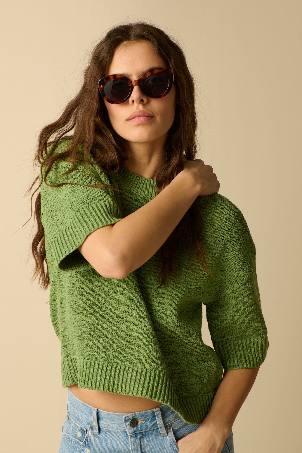 Strickpullover mit kurzem Arm - grün