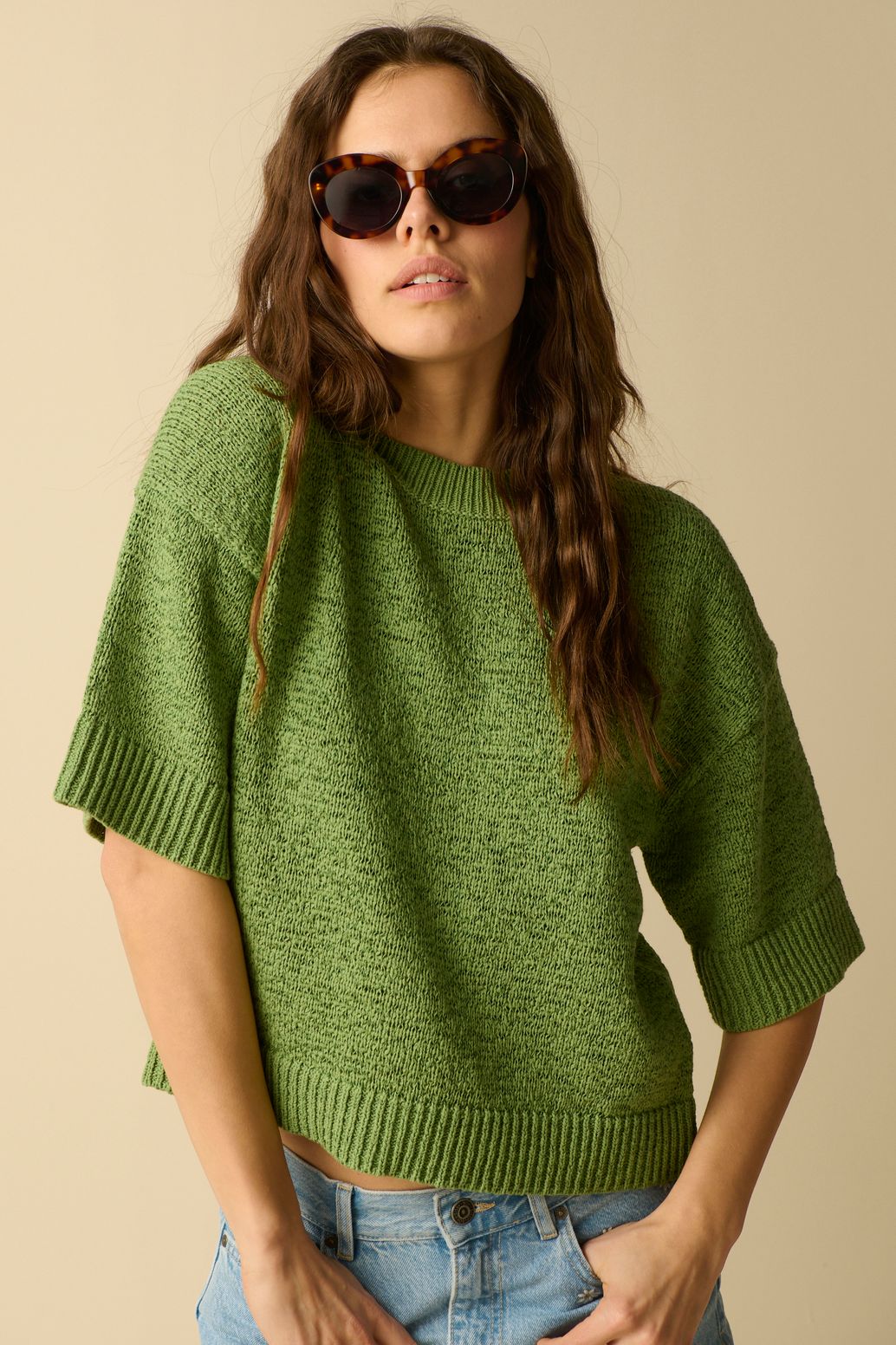 Strickpullover mit kurzem Arm - grün