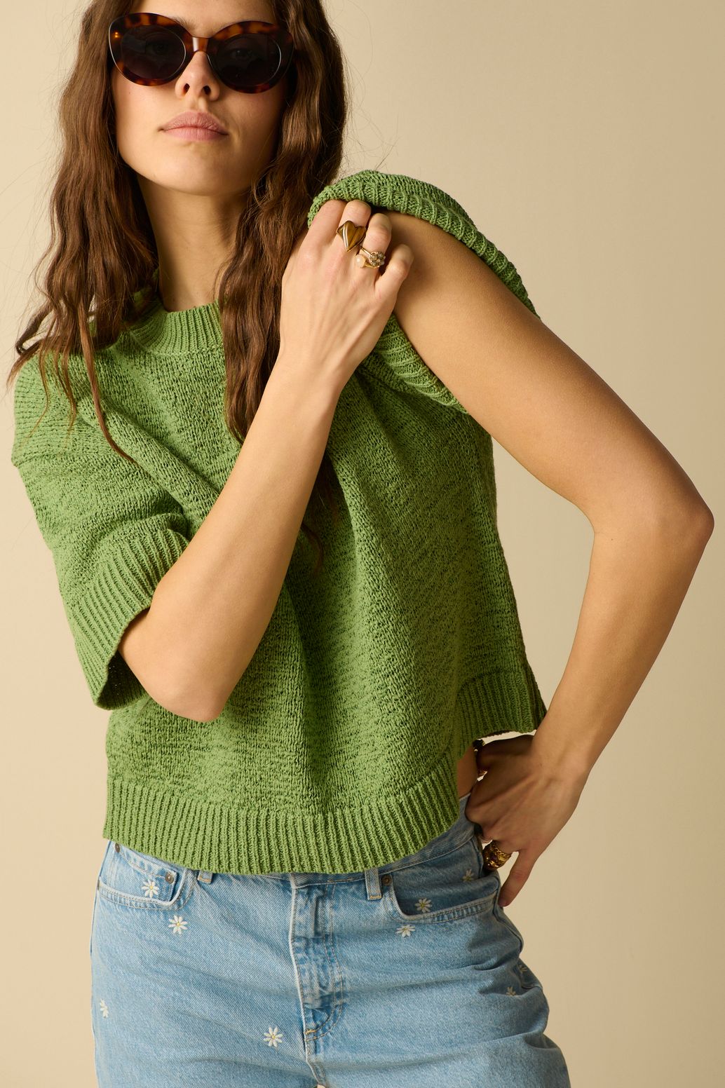 Strickpullover mit kurzem Arm - grün
