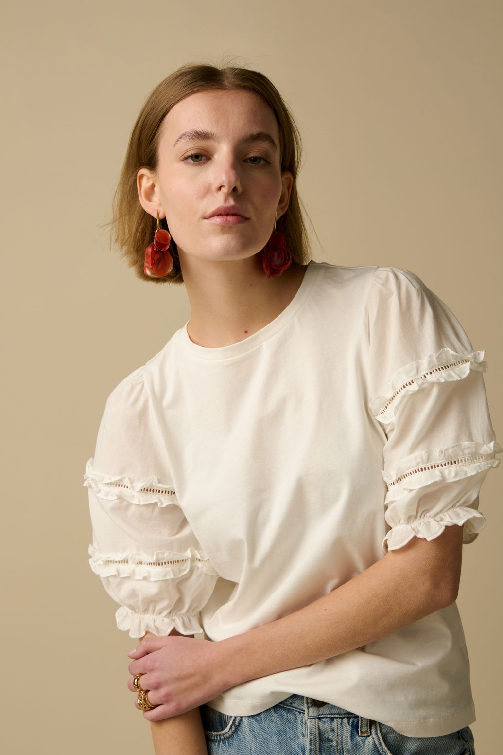 Wit T-shirt met pofmouwen