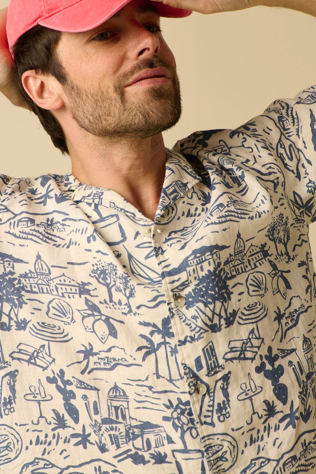 Blauw linnen overhemd met print