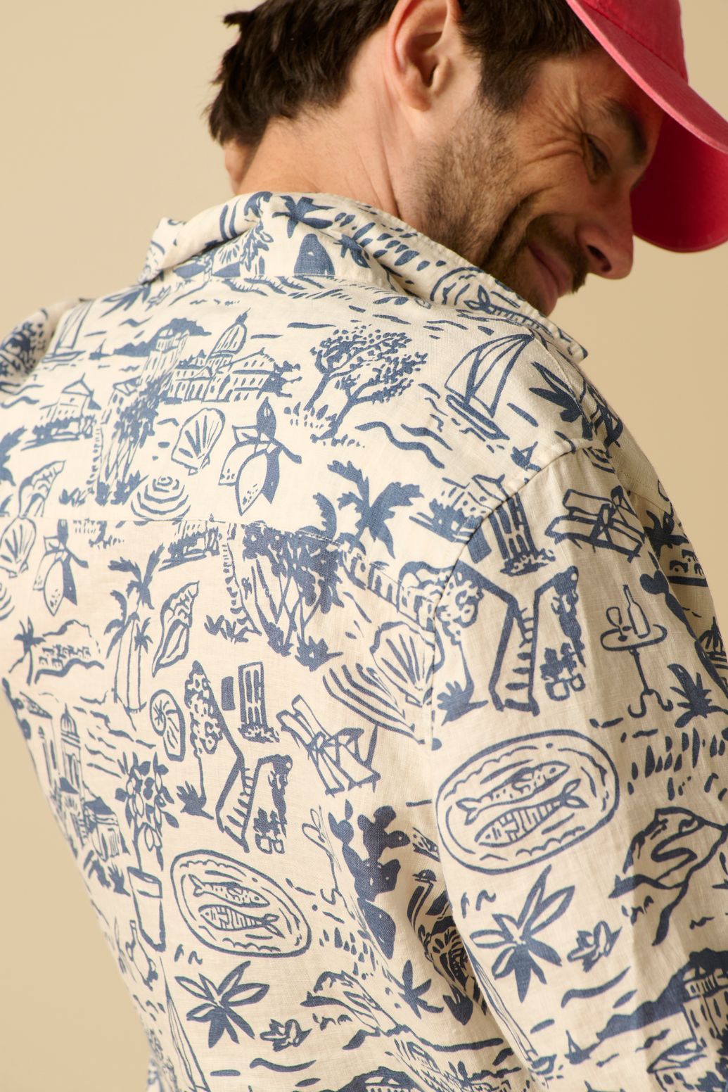 Blauw linnen overhemd met print
