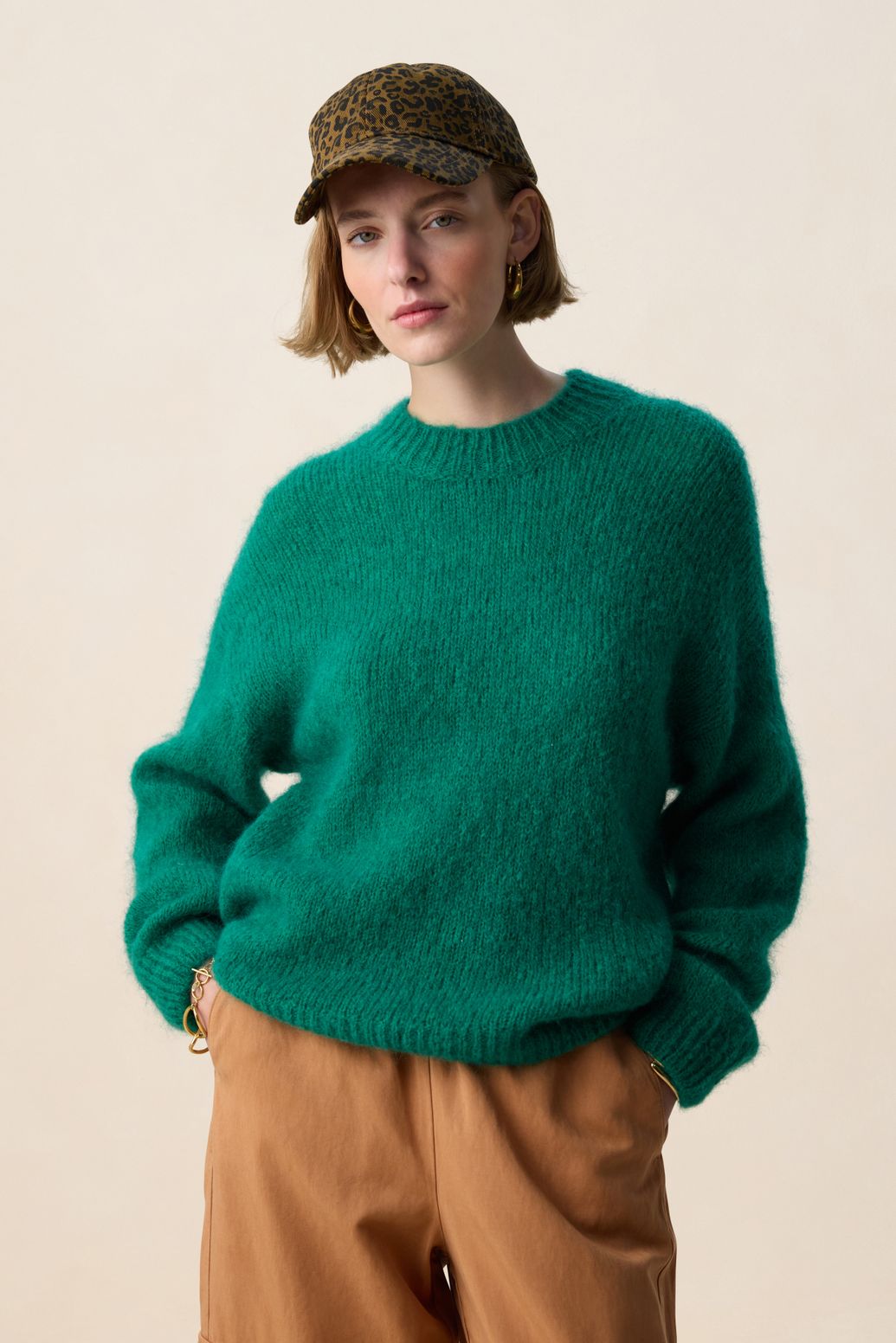 Donkergroene gebreide mohair trui