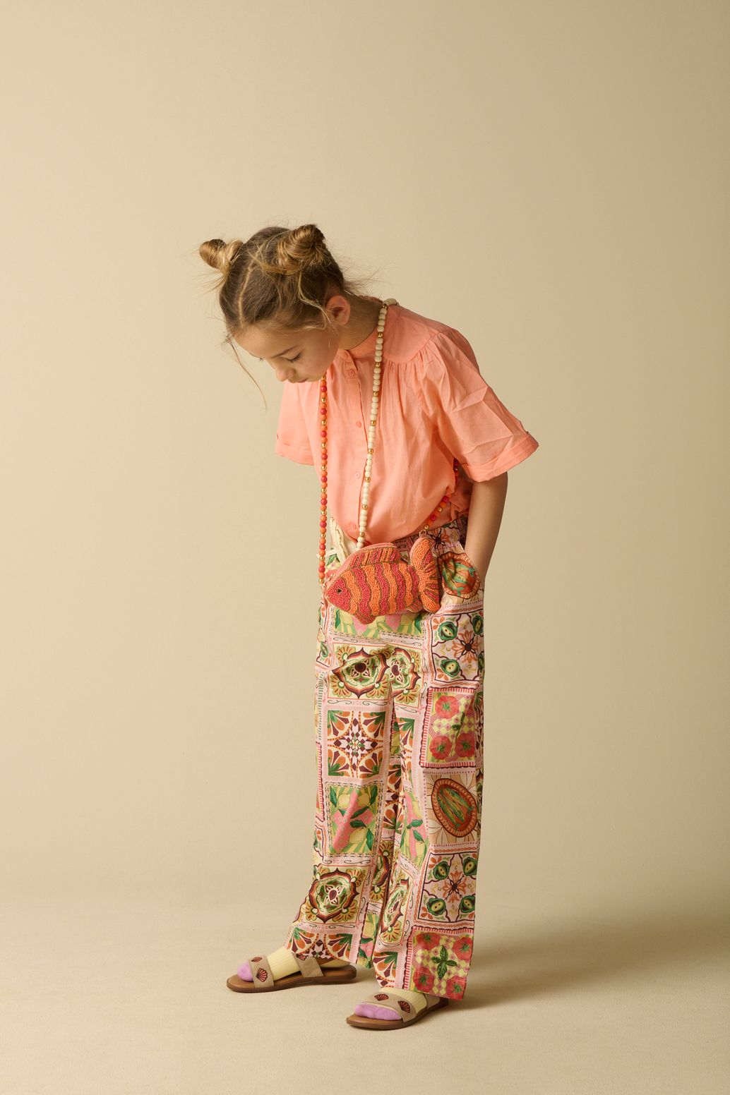 Lichtroze wide leg broek met print