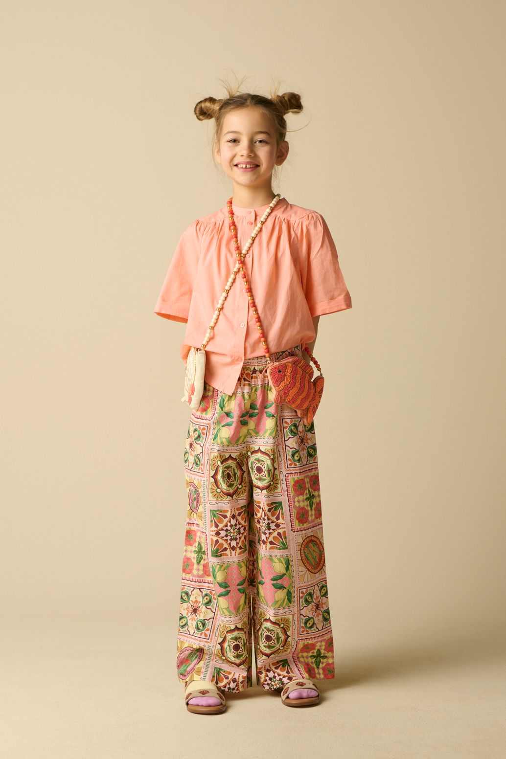 Lichtroze wide leg broek met print