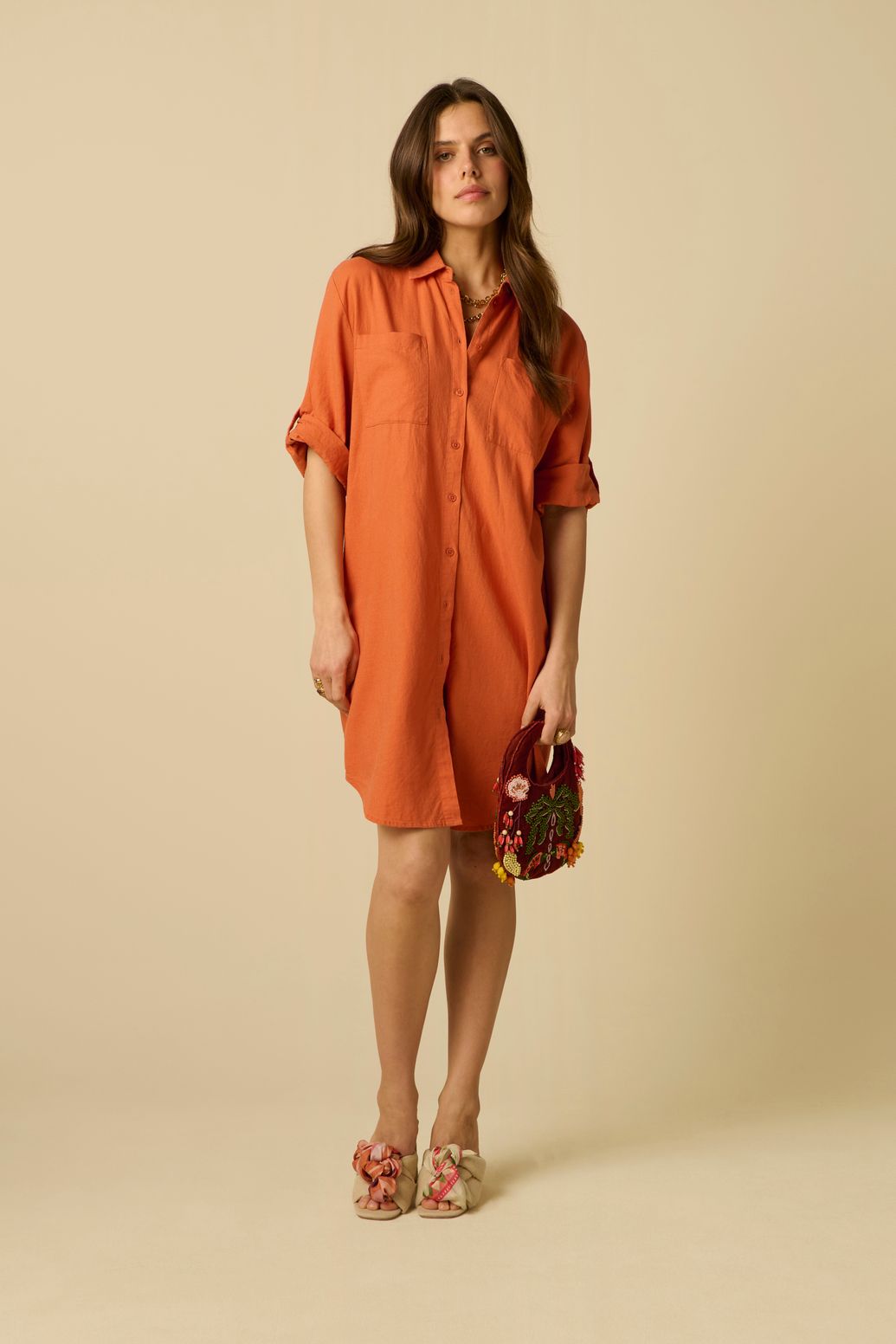 Midi-Kleid aus Leinen - orange