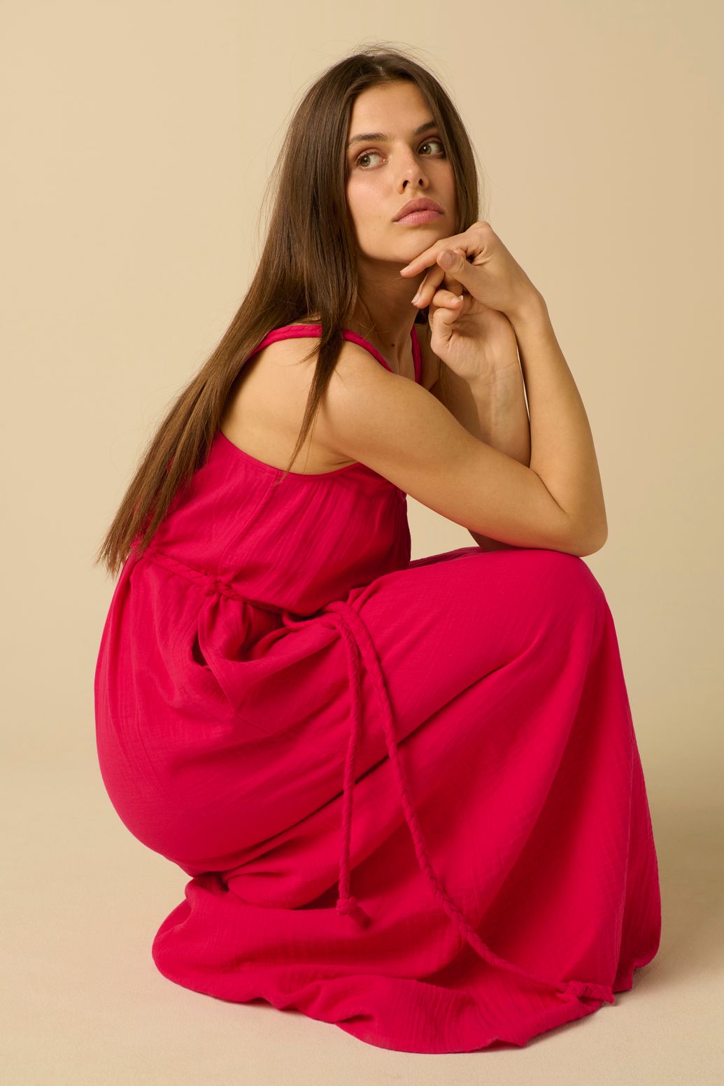 Maxi-Kleid aus Musselin - dunkelrosa