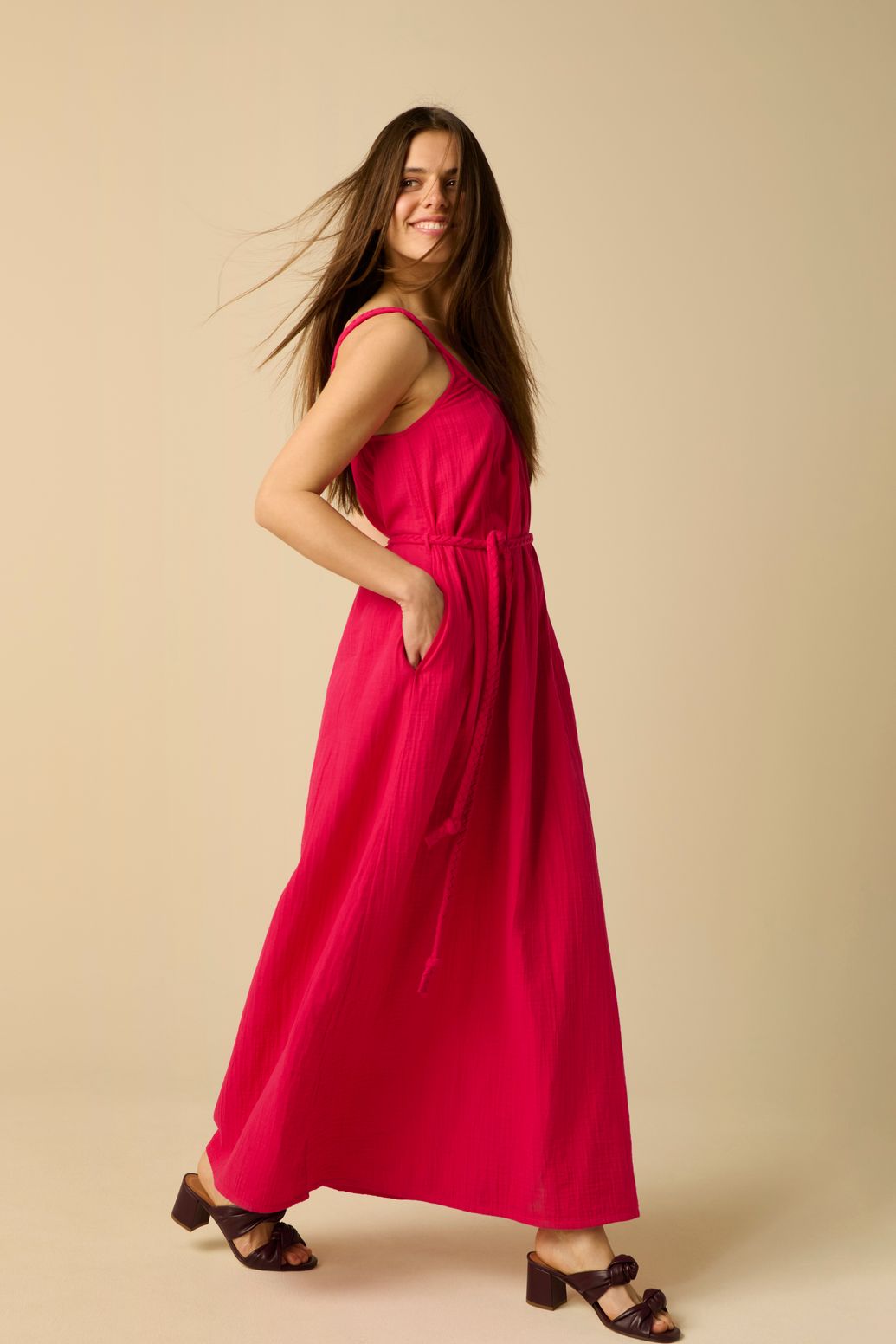 Maxi-Kleid aus Musselin - dunkelrosa