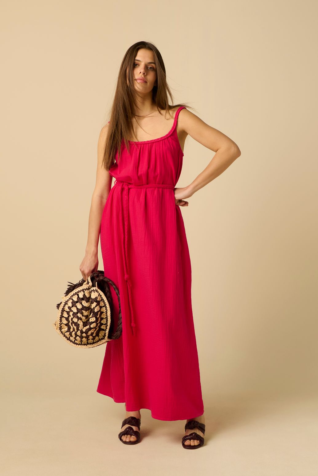 Robe longue en mousseline - rose foncé