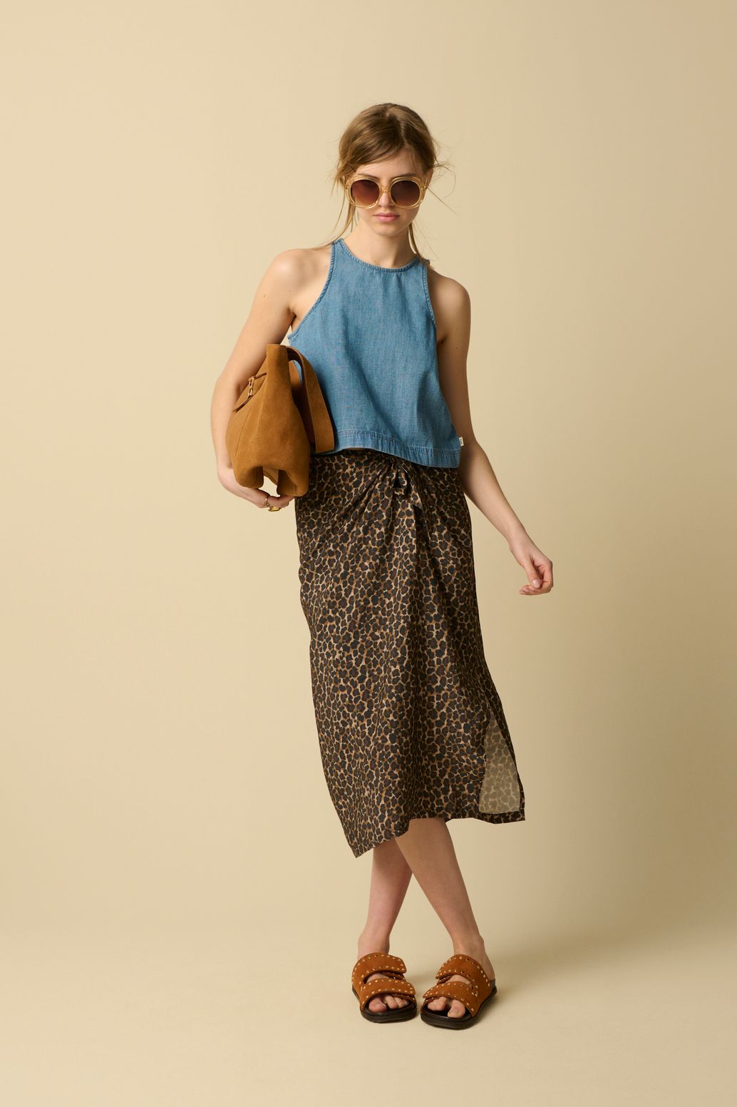 Bruine maxi wrap rok met leopard print