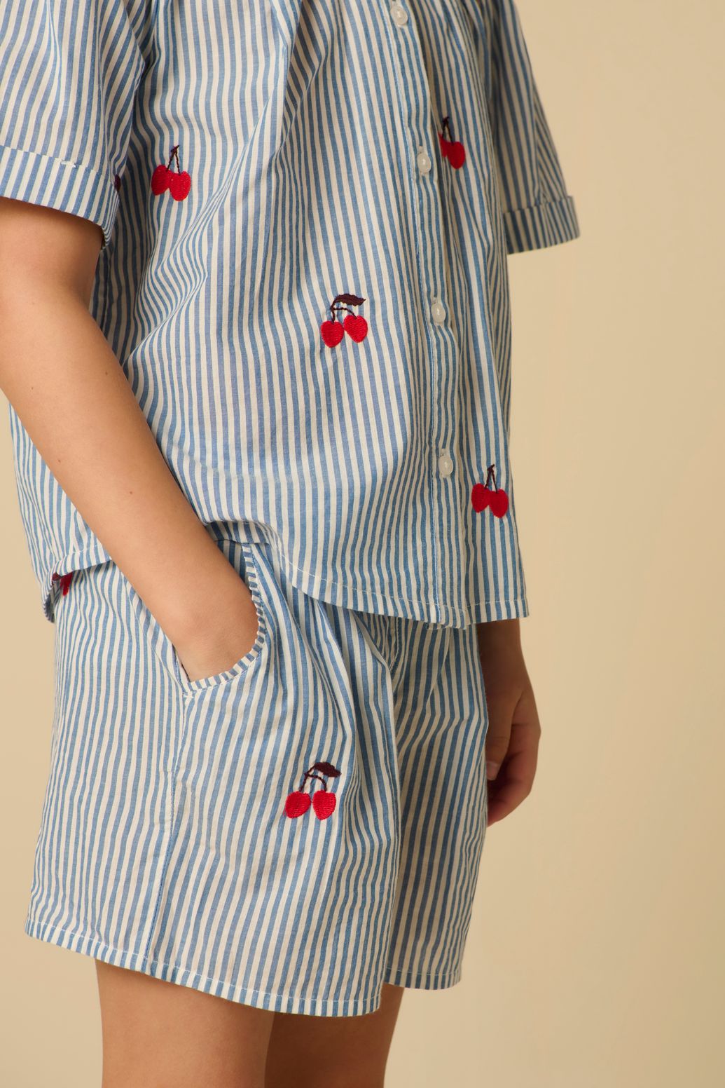 Gestreifte Shorts mit Stickerei - blau