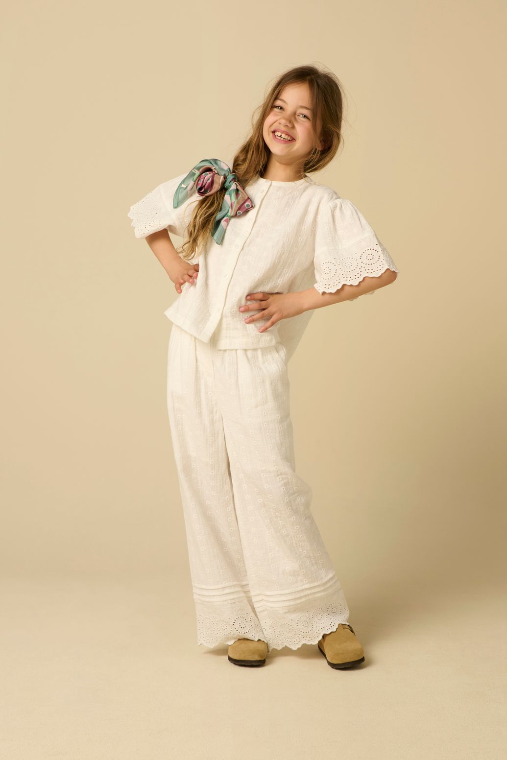 Witte wide leg broek met broderie