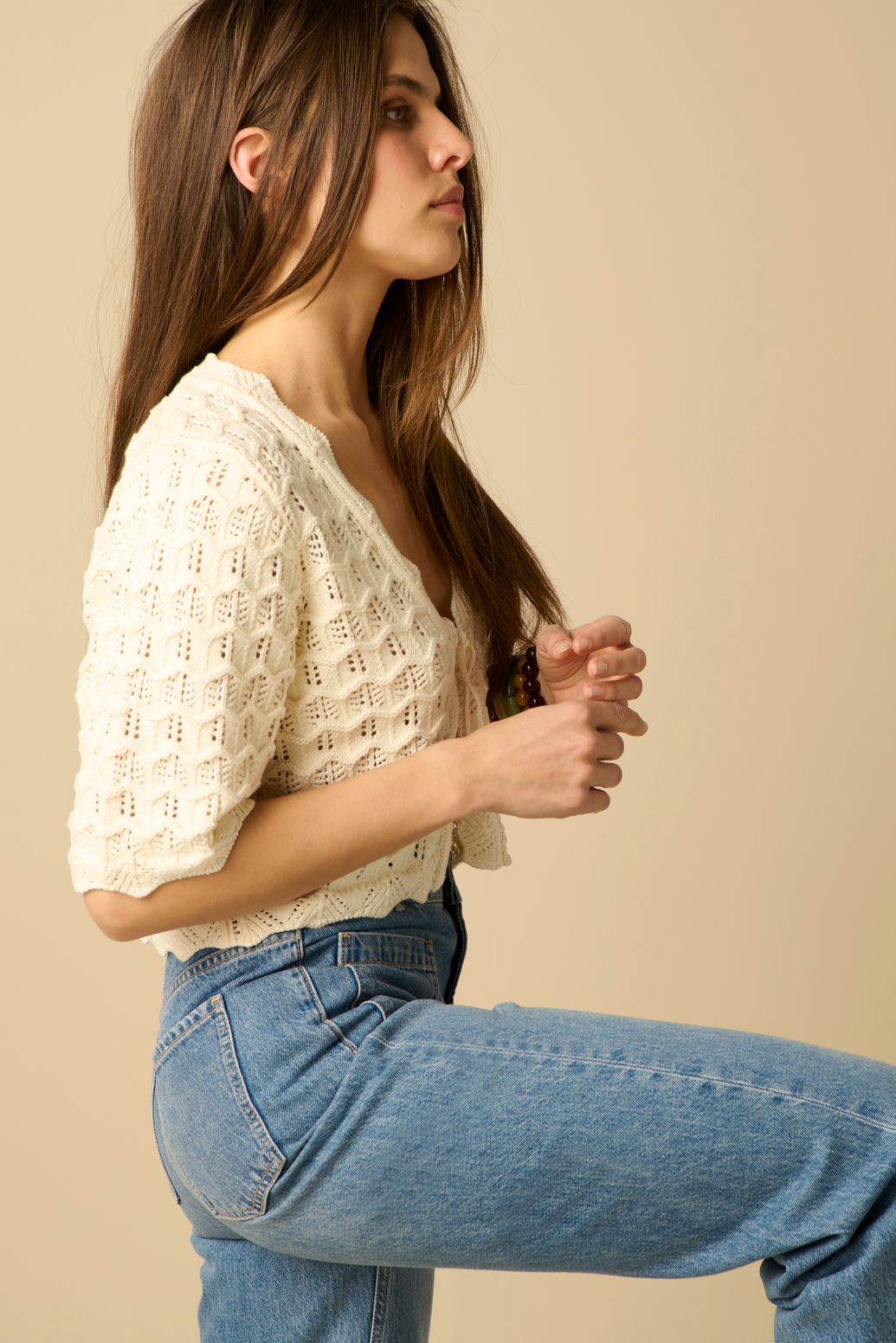 Ajour-Strickjacke - weiß