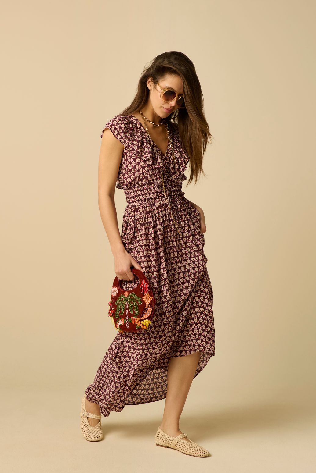 Robe longue avec imprimé ikat - rouge foncé