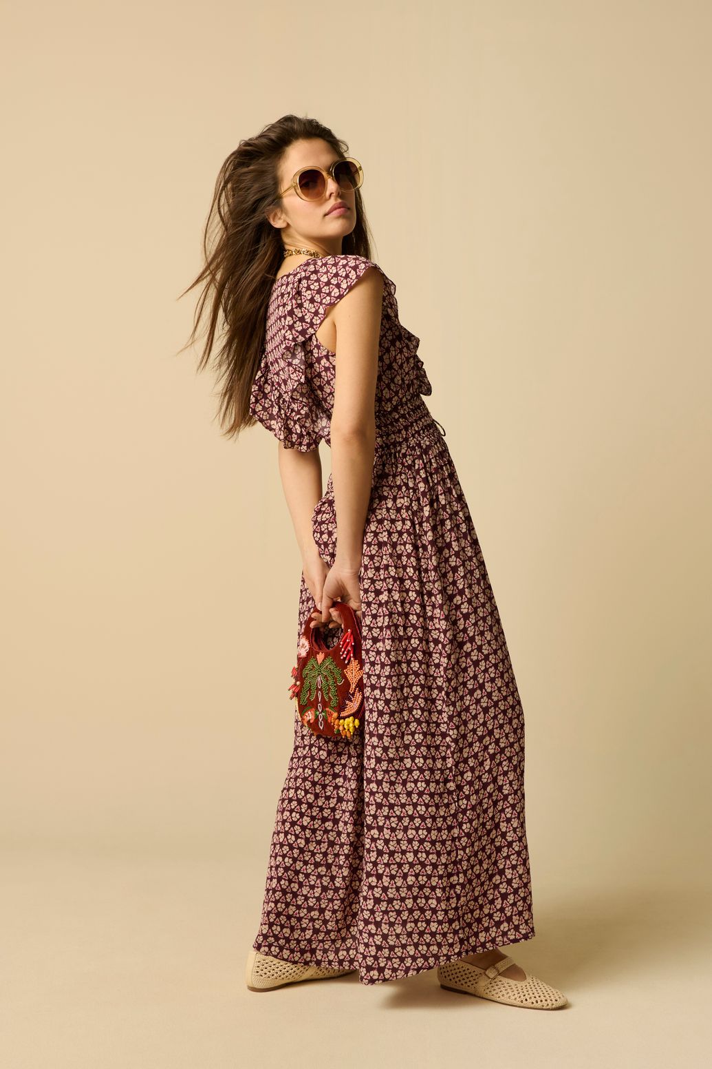 Robe longue avec imprimé ikat - rouge foncé