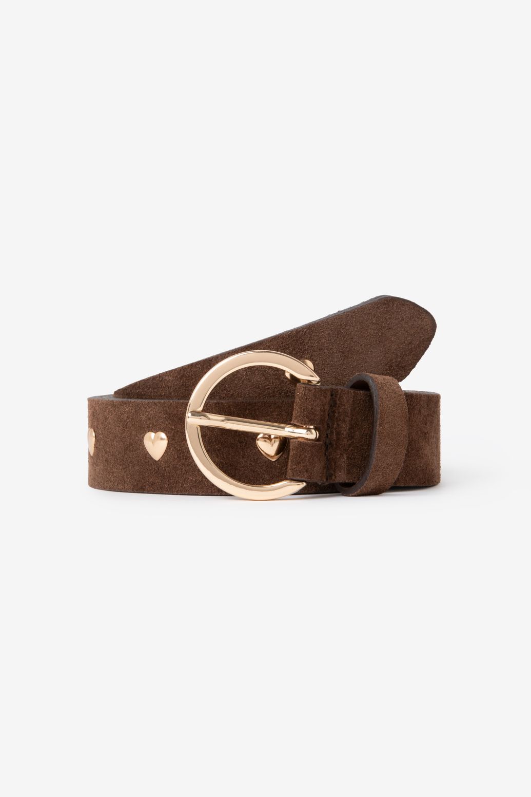 Donkerbruine suède riem met hartjes studs