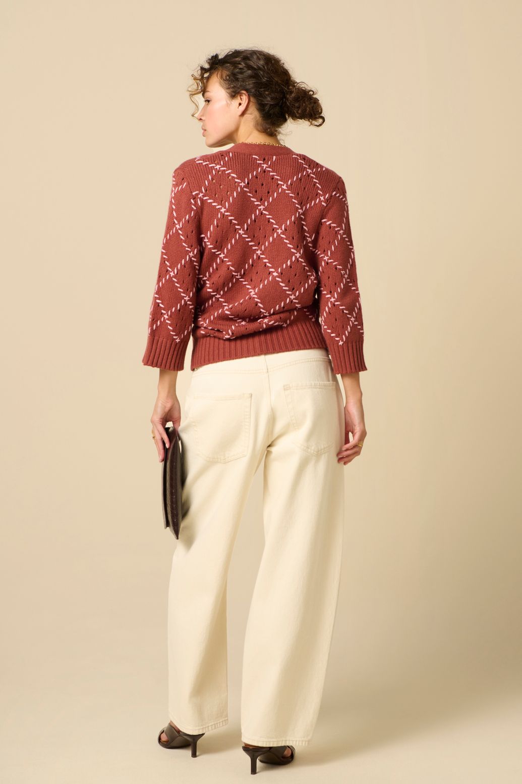 Strickjacke mit Rautenmuster - dunkelrot