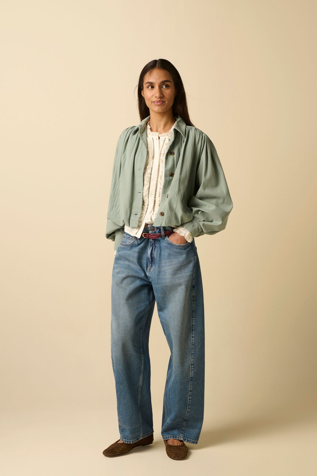 Blauwe cropped mid waist barrel jeans