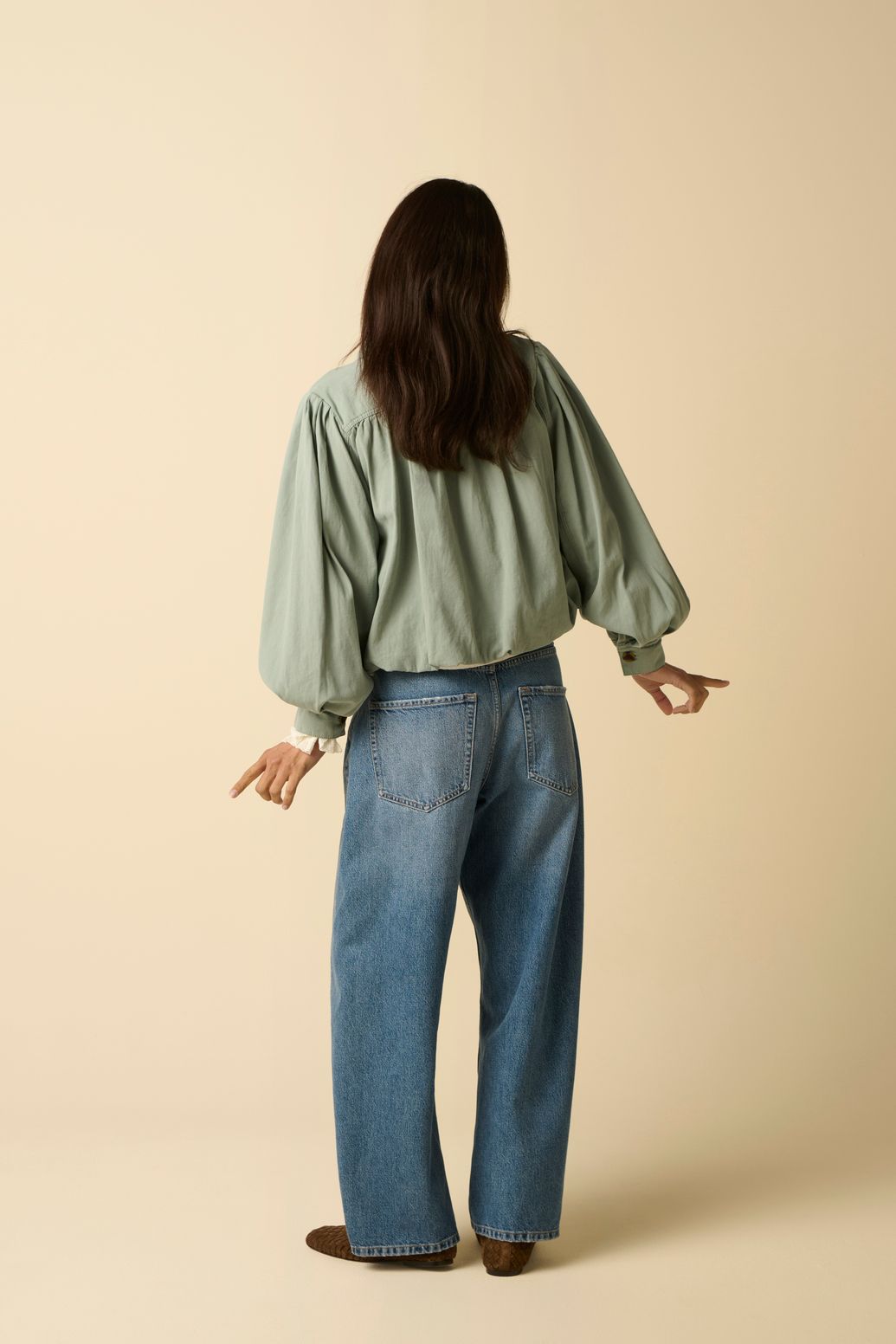 Blauwe cropped mid waist barrel jeans