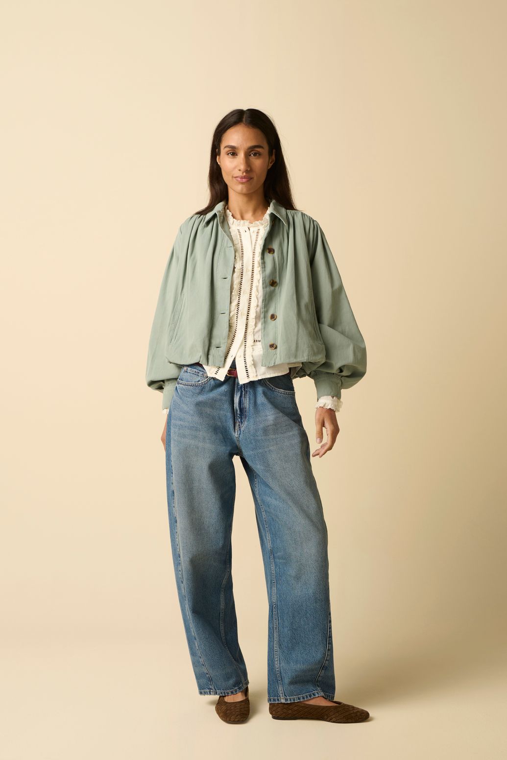 Blauwe cropped mid waist barrel jeans