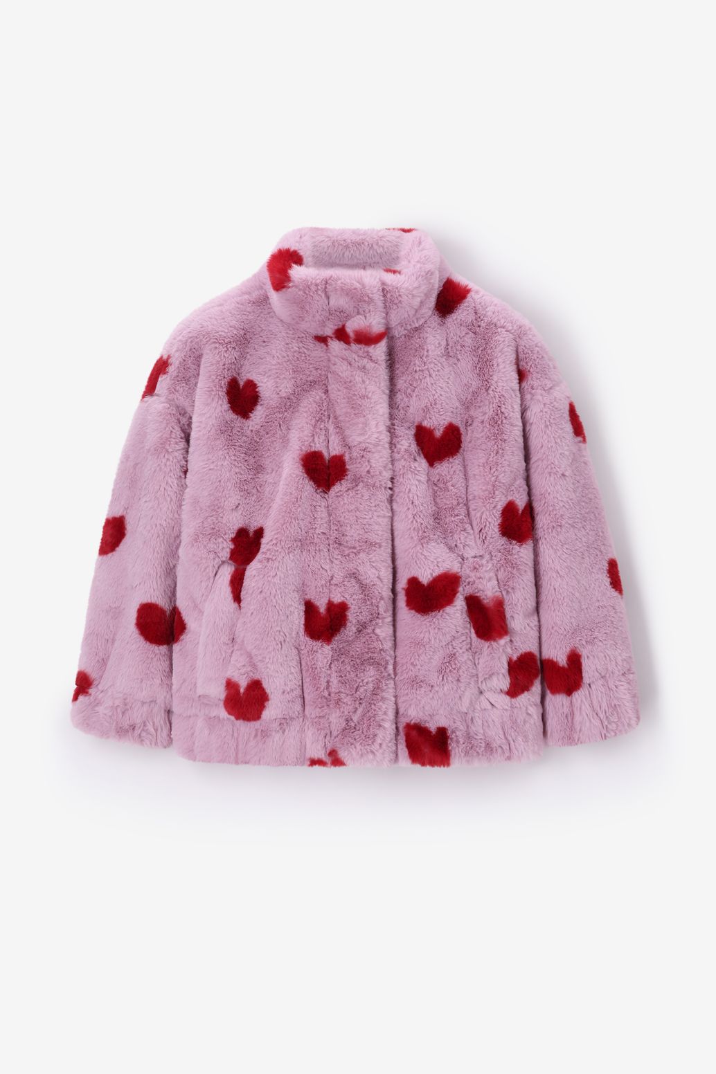 Lichtpaarse faux fur jas met hartjes print