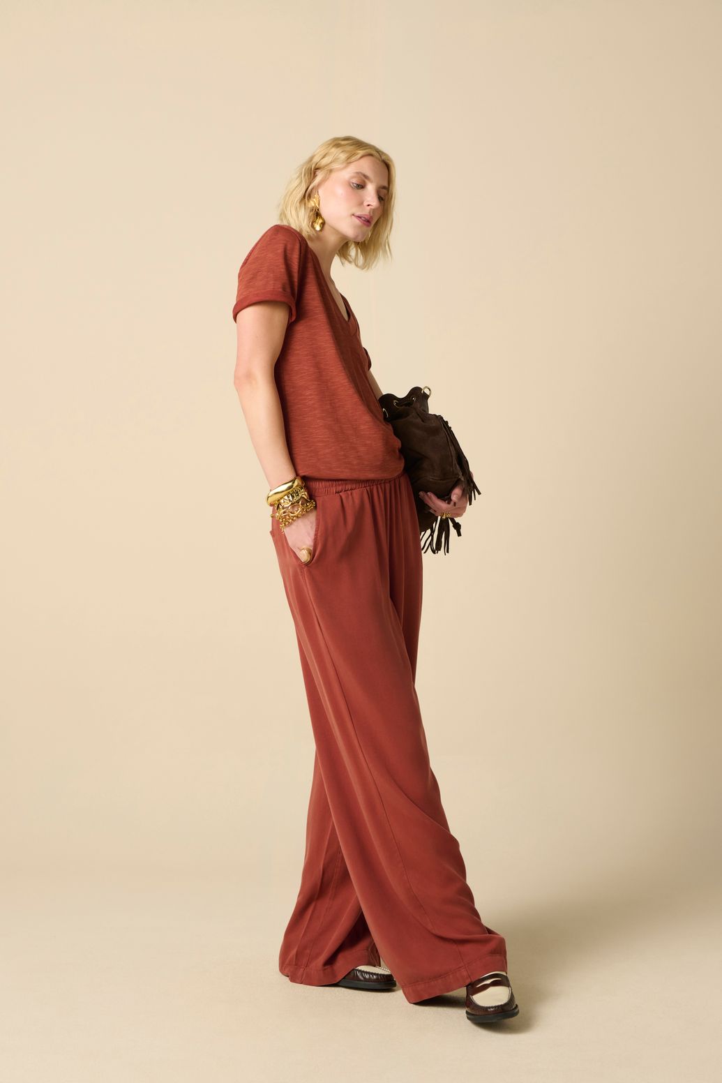 Weite High Waist-Hose - dunkelrot