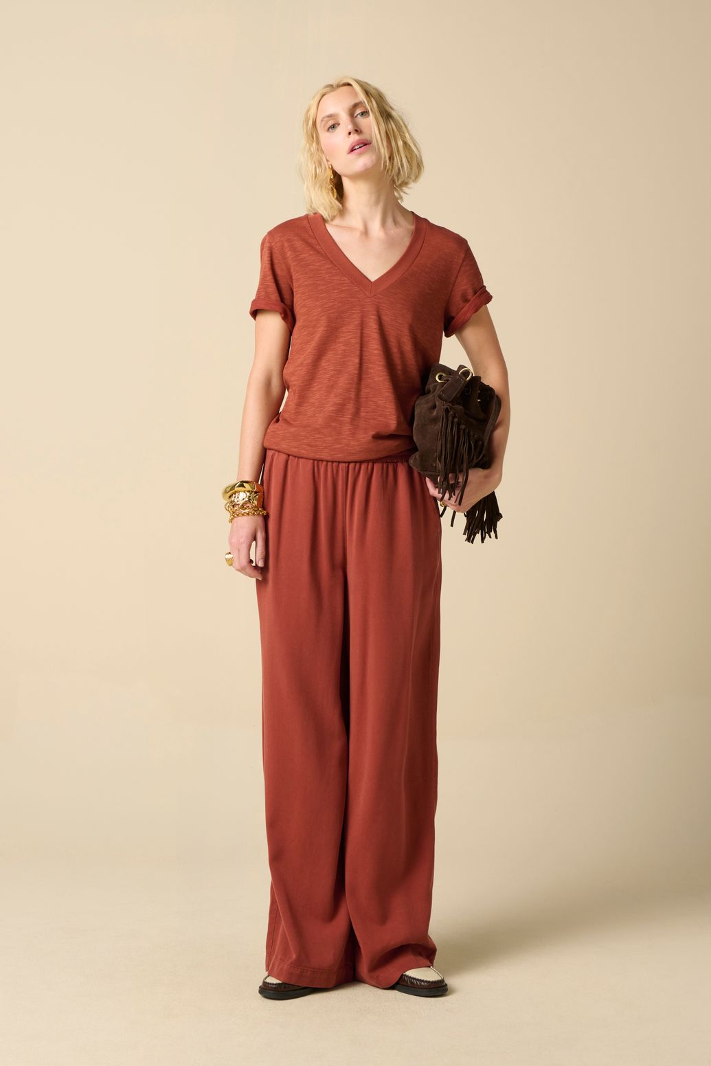 Weite High Waist-Hose - dunkelrot