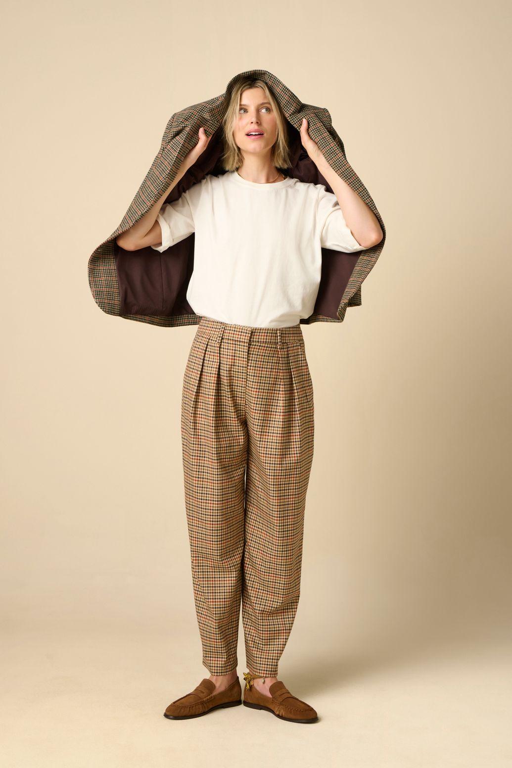 Karierte High Waist Hose - hellbraun