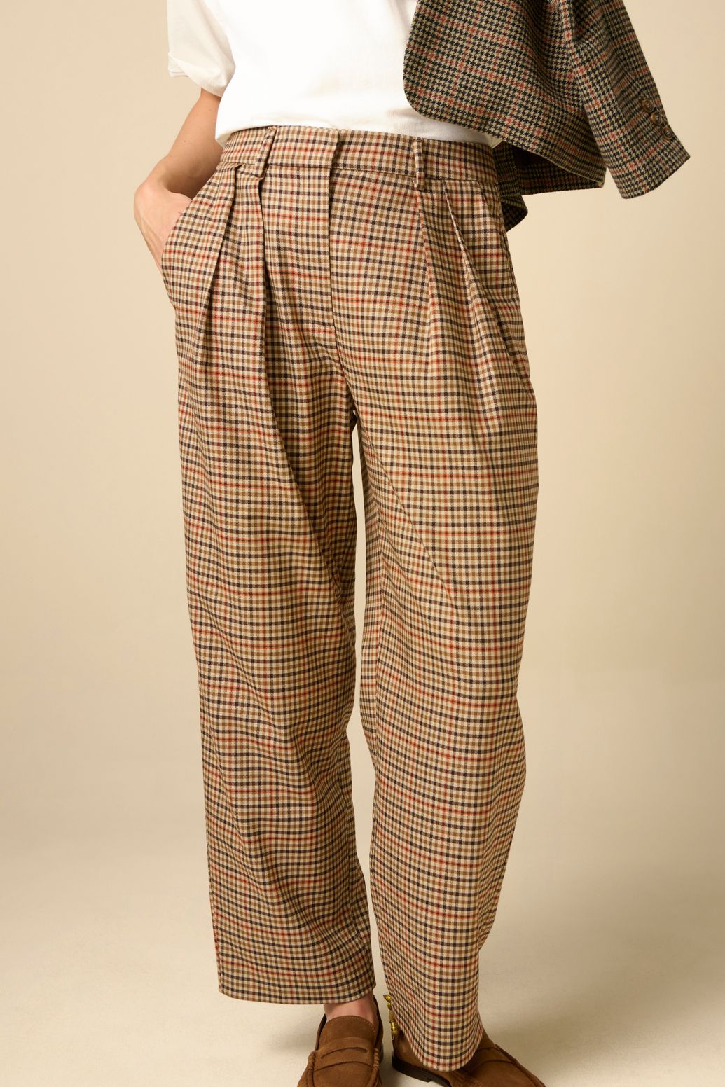 Karierte High Waist Hose - hellbraun