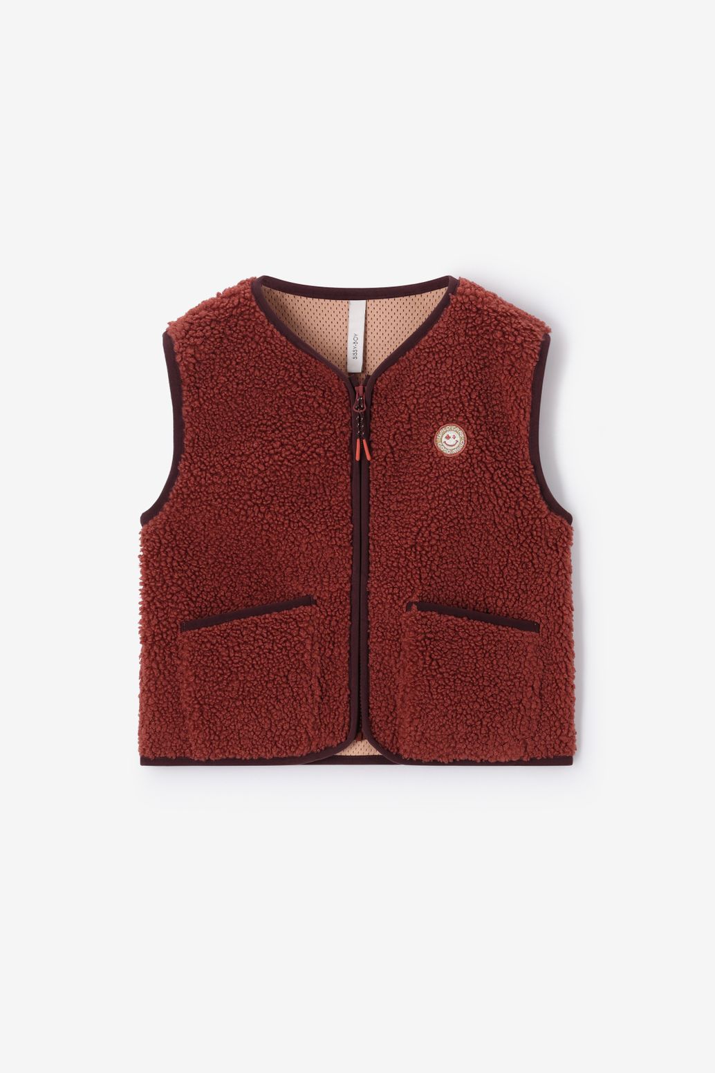 Donkerrood teddy gilet met smiley