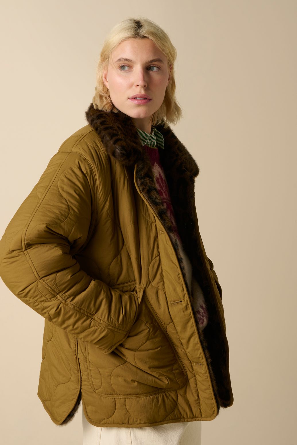 Donkerbruine reversible faux fur jas