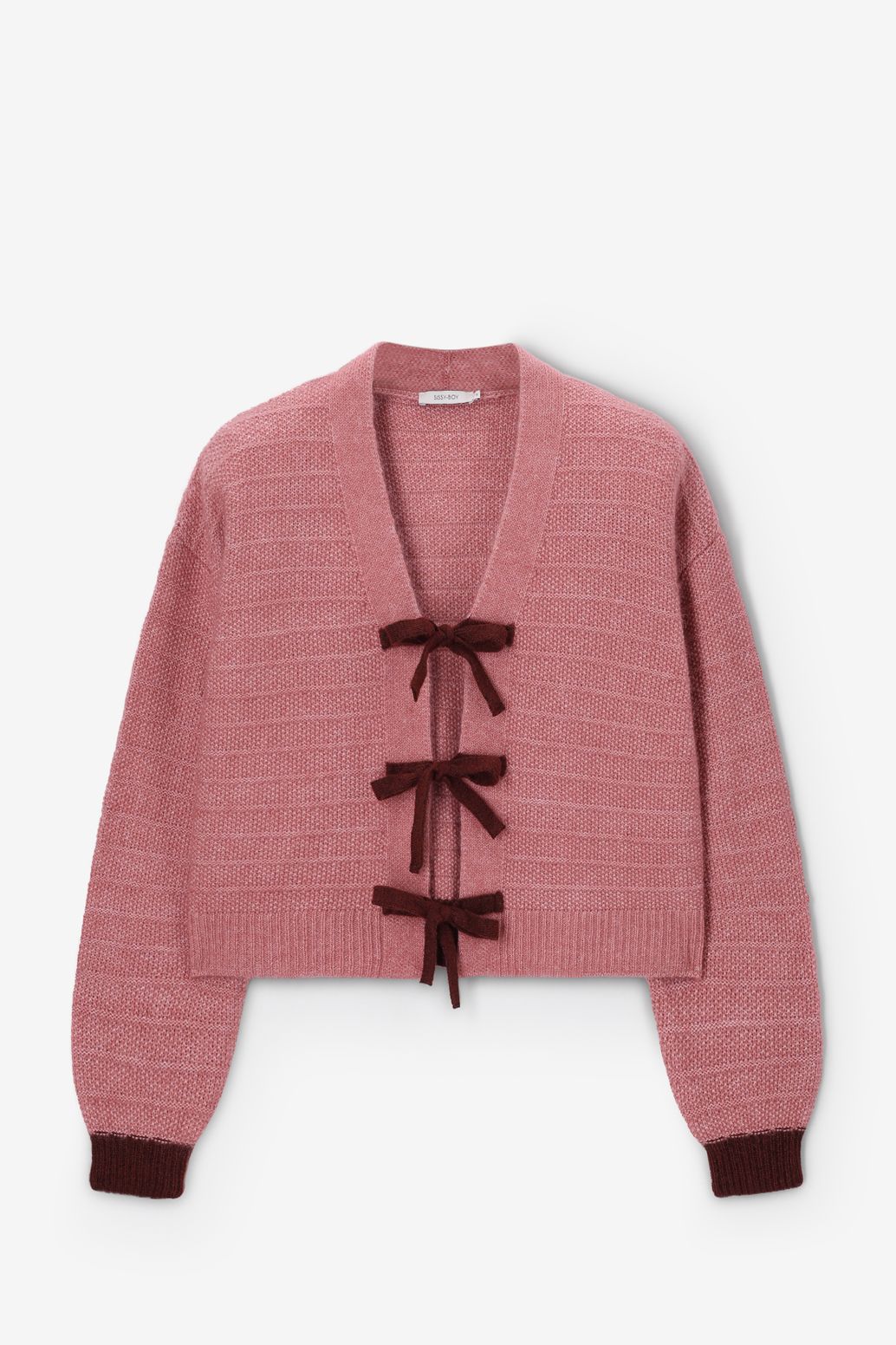 Roze wollen vest met striksluiting