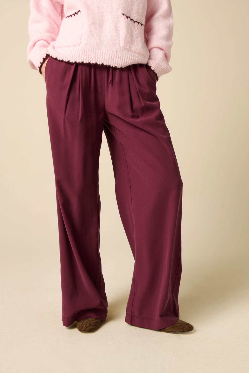 Pantalon taille haute jambes larges - rouge foncé
