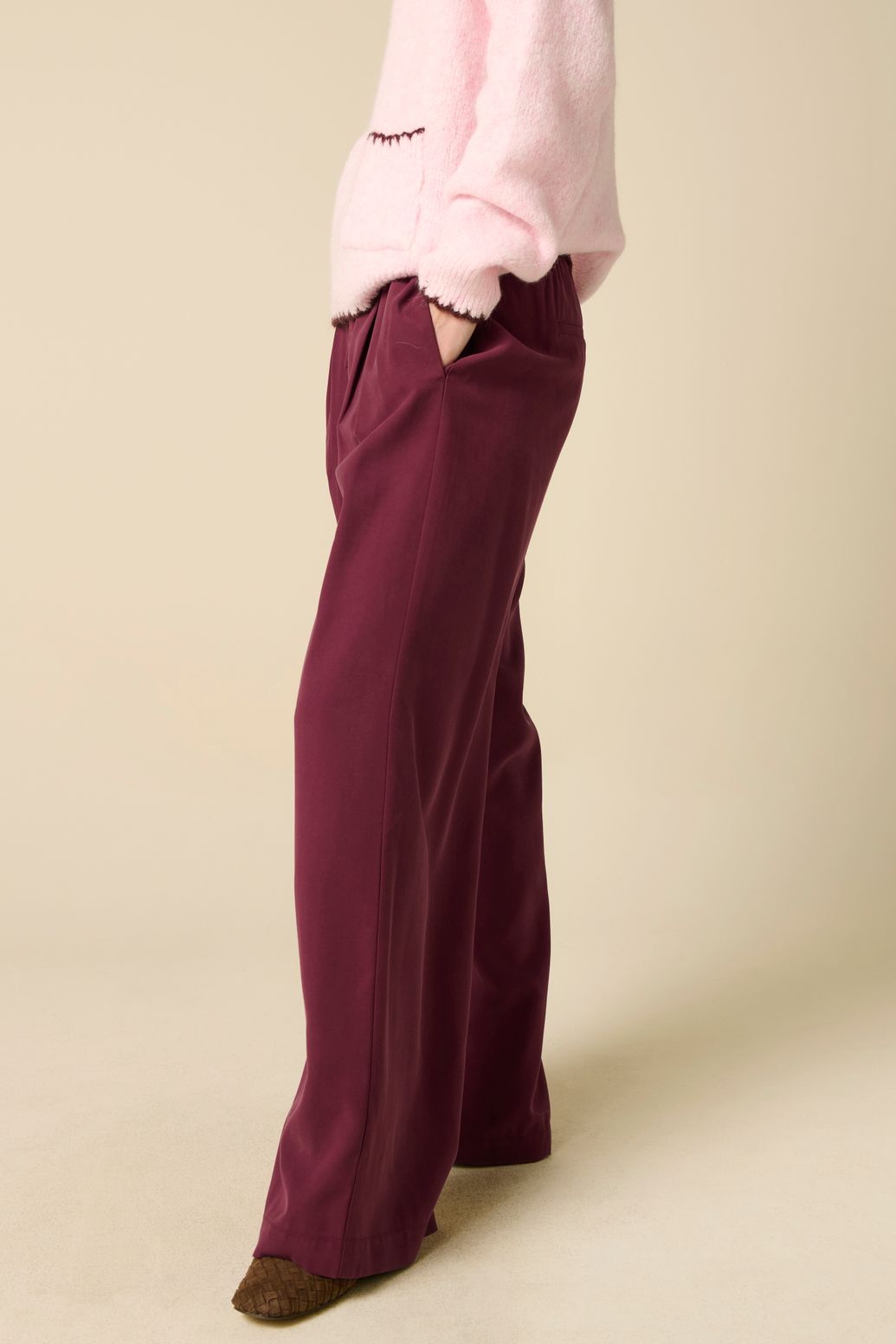 Pantalon taille haute jambes larges - rouge foncé
