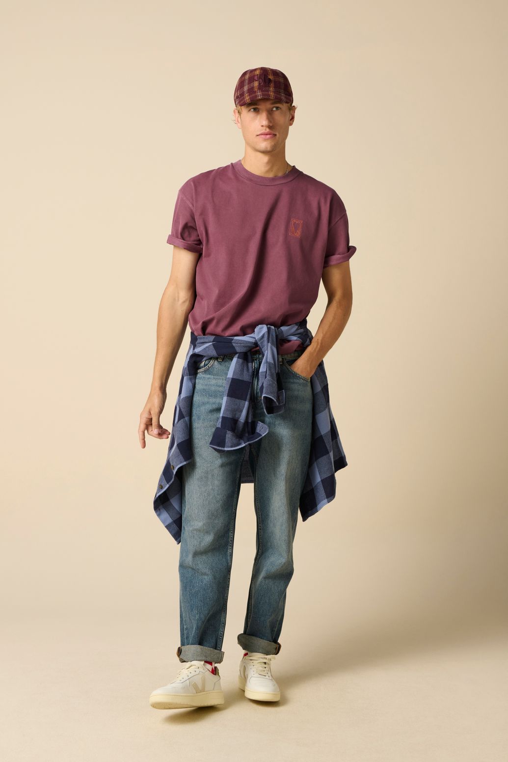 Blauw geruit overhemd met corduroy kraag