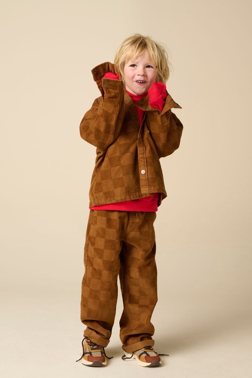 Bruin corduroy overhemd met blokkenpatroon