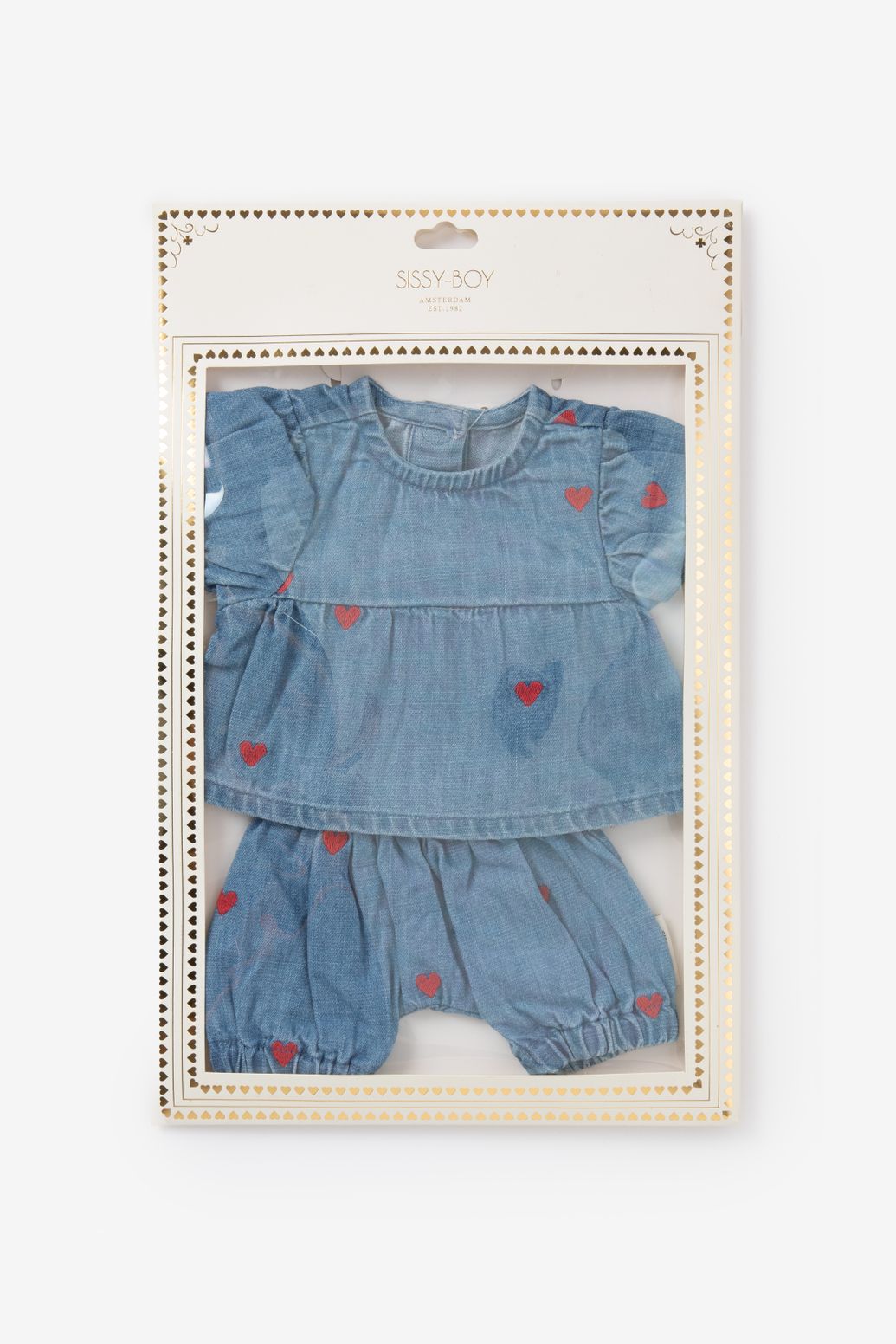 Ensemble en jean pour poupée avec cœurs - bleu