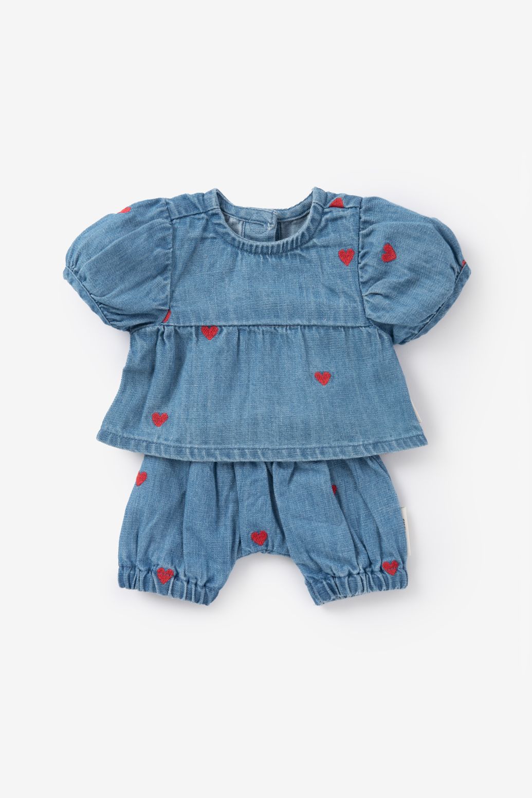 Ensemble en jean pour poupée avec cœurs - bleu