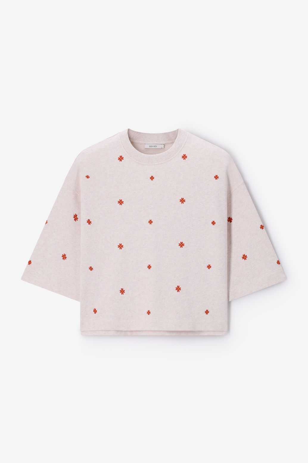 Kurzarm-Sweater mit Blumenstickerei - beige