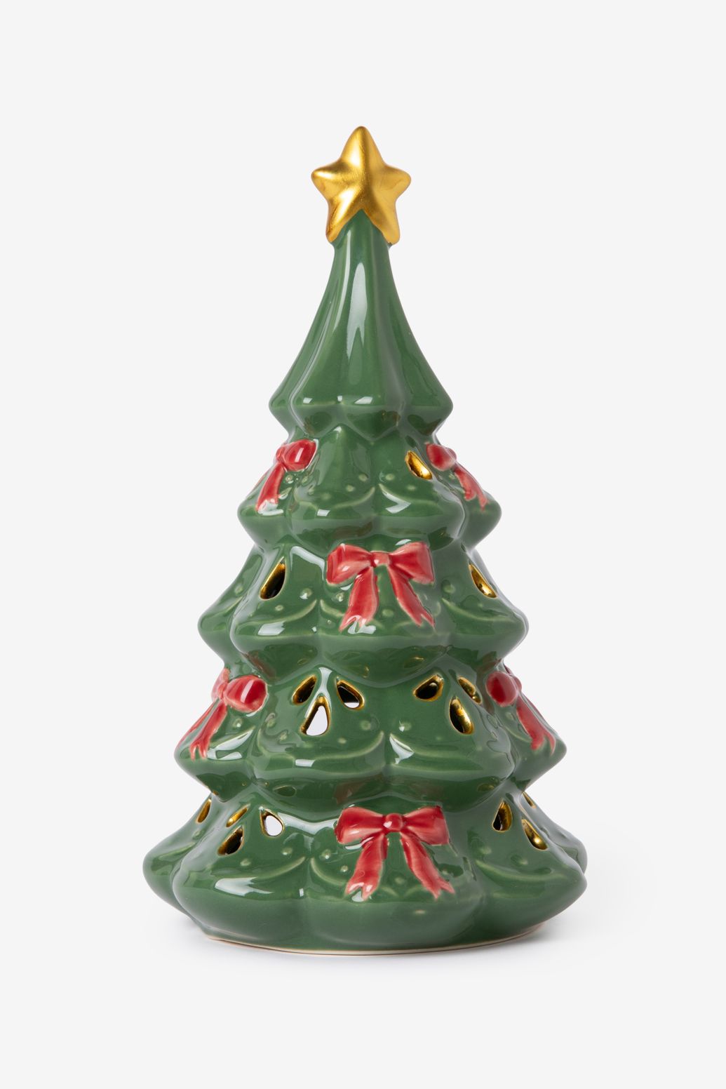 Donkergroene waxinelichthouder in de vorm van een kerstboom